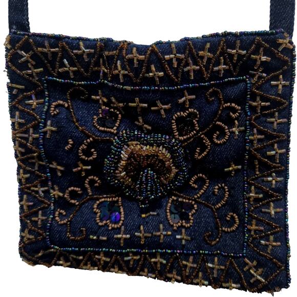 Beaded Denim Small Women's Cross-Body Boho-Style Bag - Picture 1 of 8